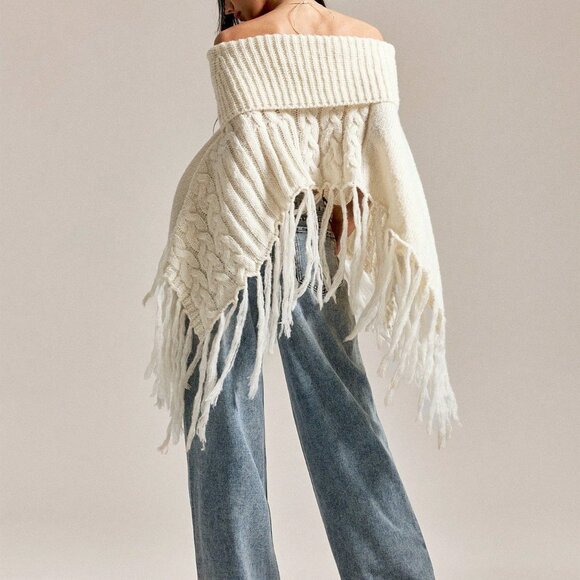 White Boho Chic Women's Off-Shoulder Poncho Sweater with Fringe - Picture 2 of 7